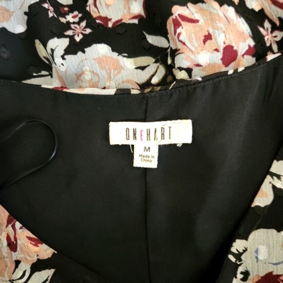 ONE HART Black Teal Floral V Neck Bell Sleeves Ruffle Hem Mini Dress Size M - Picture 10 of 13